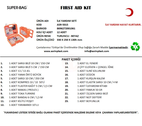 Süper Bag Acil İlk Yardım Çantası Seti Malzemeli İçi Dolu ASR-5015 Beyaz - 2