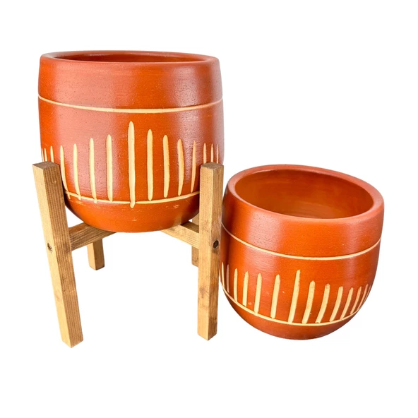 Bitki Tasarımı Beyaz Nokta Desenli Toprak Saksı Saksılık Salon Çiçeklik İkili Set Ayaksız - 4 Ayaklı- 19 CM - Resim 3