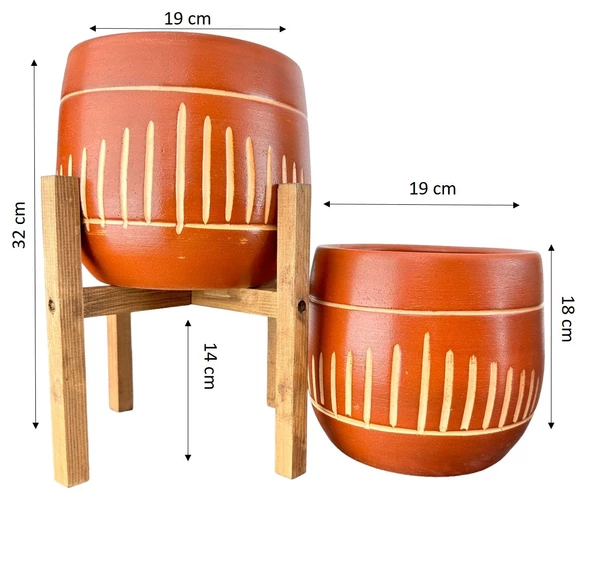 Bitki Tasarımı Beyaz Nokta Desenli Toprak Saksı Saksılık Salon Çiçeklik İkili Set Ayaksız - 4 Ayaklı- 19 CM - Resim 2