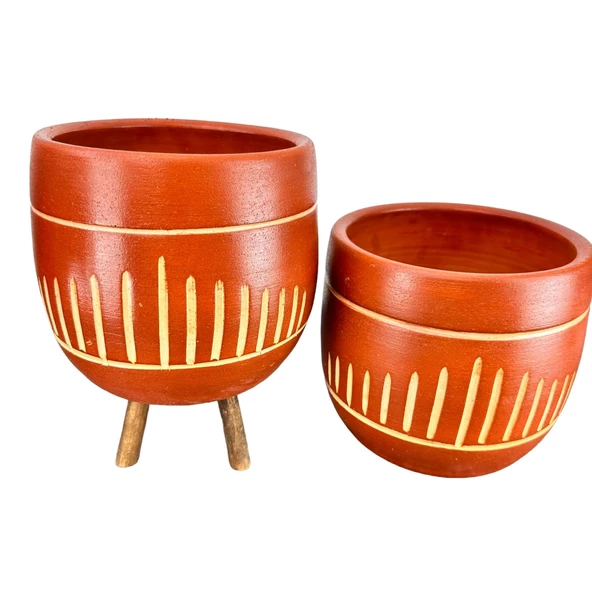 Bitki Tasarımı  Beyaz Nokta Desenli Toprak Saksı Saksılık Salon Çiçeklik İkili Set Ayaksız - 3 Ayaklı- 19 CM - 3
