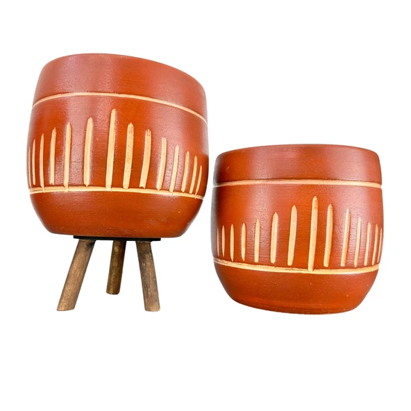 Bitki Tasarımı  Beyaz Nokta Desenli Toprak Saksı Saksılık Salon Çiçeklik İkili Set Ayaksız - 3 Ayaklı- 19 CM