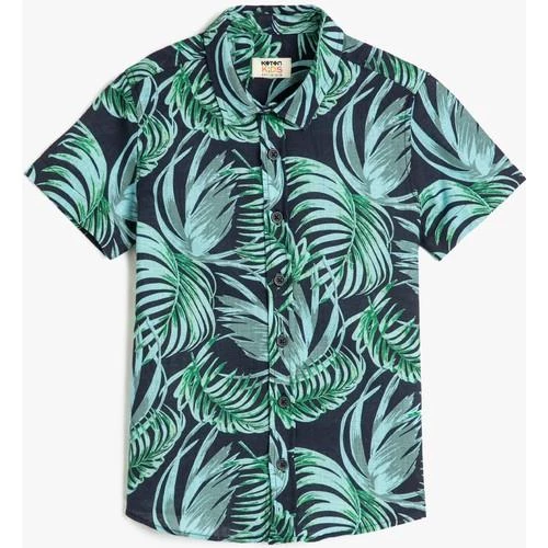 YAPRAK BASKILI KISA KOLLU PAMUKLU GOMLEK 2SKB60103TW - 4