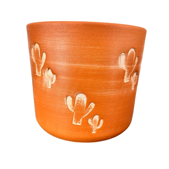 Bitki Tasarımı Kaktüs Desenli Toprak Saksı Saksılık Salon Çiçeklik - 19 CM
