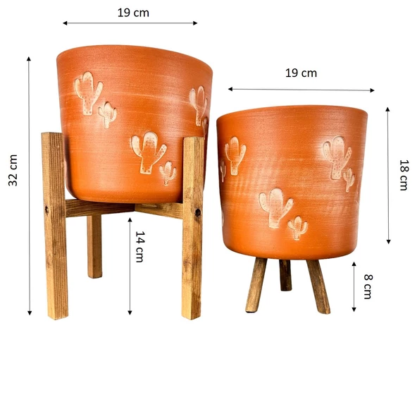 Bitki Tasarımı Kaktüs Desenli Toprak Saksı Saksılık Salon Çiçeklik İkili Set 3 Ayaklı- 4 Ayaklı- 19 CM - 2