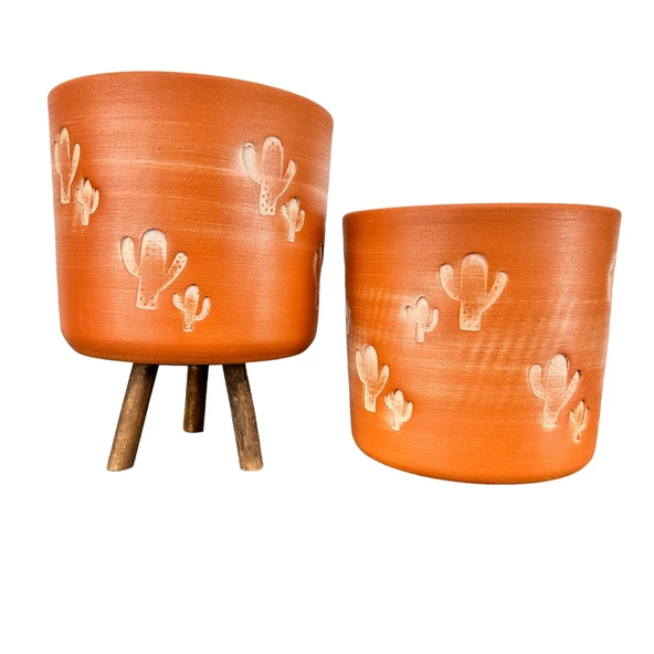 Bitki Tasarımı  Kaktüs Desenli Toprak Saksı Saksılık Salon Çiçeklik İkili Set Ayaksız - 3 Ayaklı- 19 CM