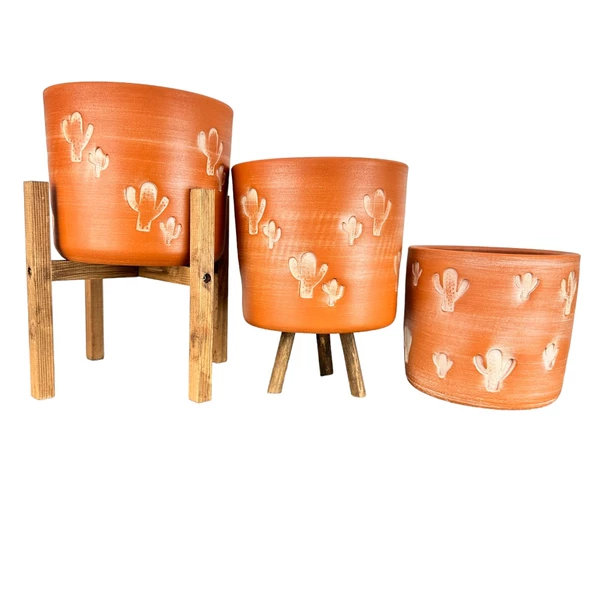Bitki Tasarımı Kaktüs Desenli Toprak Saksı Saksılık Salon Çiçeklik Üçlü Set - 19 CM