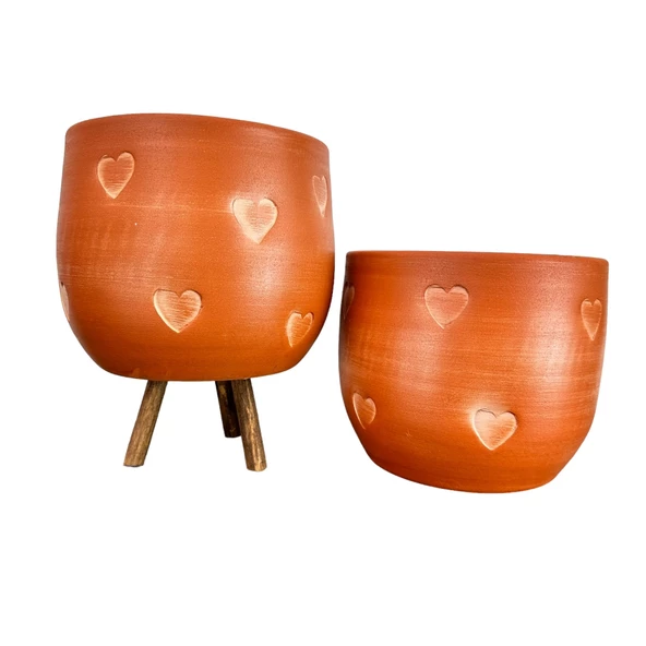 Bitki Tasarımı Kalp Desenli Toprak Saksı Saksılık Salon Çiçeklik İkili Set Ayaksız - 3 Ayaklı- 19 CM