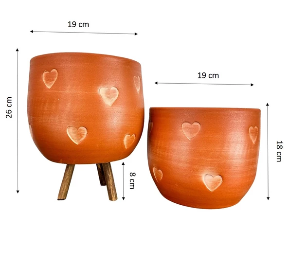Bitki Tasarımı Kalp Desenli Toprak Saksı Saksılık Salon Çiçeklik İkili Set Ayaksız - 3 Ayaklı- 19 CM - 2