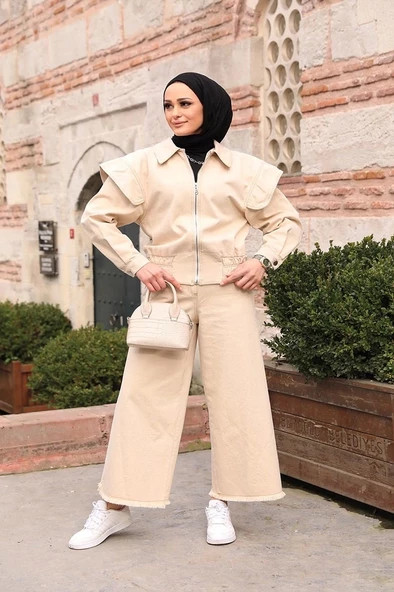 Omuz Detaylı  Kot Ceket Bej - 3