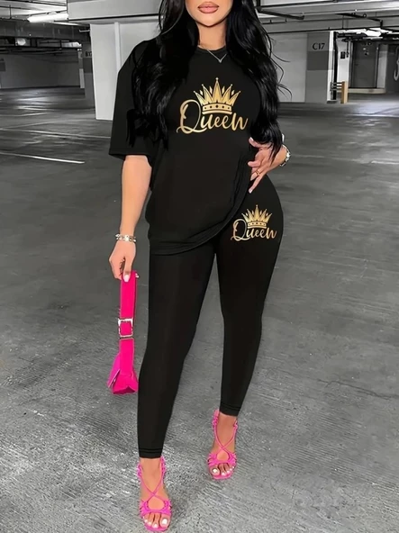 Kadın Kısa Kollu Queen Baskı Viskon Ikili Takım - 5