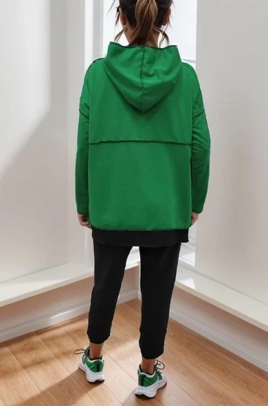 Kadın Yeşil Kapşonlu Etek Ucu Detay Arma Ters Dikiş Gorunumlu Ikili Takım - Resim 12