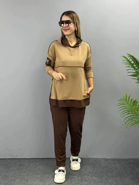 Kadın Kahve Kapşonlu Etek Ucu Detay Arma Ters Dikiş Gorunumlu Ikili Takım - Resim 7