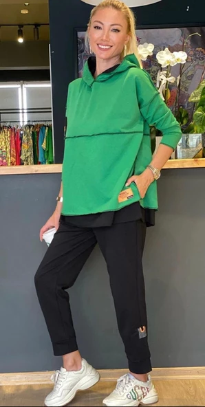 Kadın Yeşil Kapşonlu Etek Ucu Detay Arma Ters Dikiş Gorunumlu Ikili Takım - Resim 5