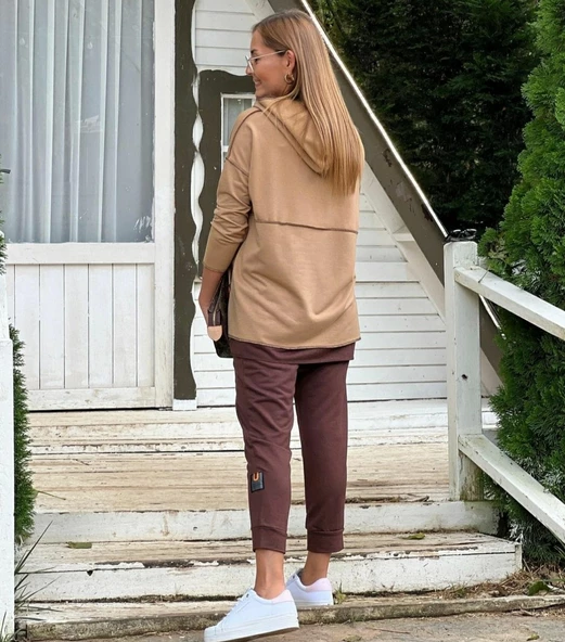 Kadın Kahve Kapşonlu Etek Ucu Detay Arma Ters Dikiş Gorunumlu Ikili Takım - Resim 2