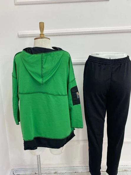 Kadın Yeşil Kapşonlu Etek Ucu Detay Arma Ters Dikiş Gorunumlu Ikili Takım - Resim 7