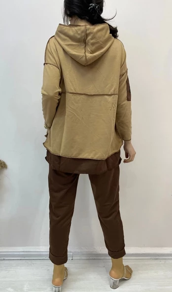 Kadın Kahve Kapşonlu Etek Ucu Detay Arma Ters Dikiş Gorunumlu Ikili Takım - Resim 5