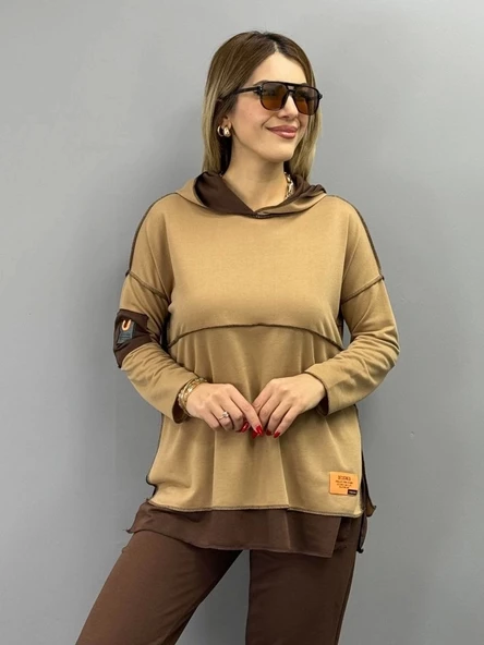 Kadın Kahve Kapşonlu Etek Ucu Detay Arma Ters Dikiş Gorunumlu Ikili Takım - Resim 6