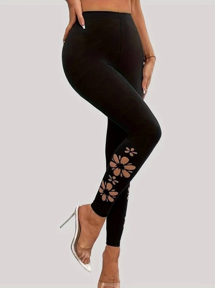 Kadın Yanları Lazer çiçek Kesim Yüksek Bel Dalgıç Tayt - 6