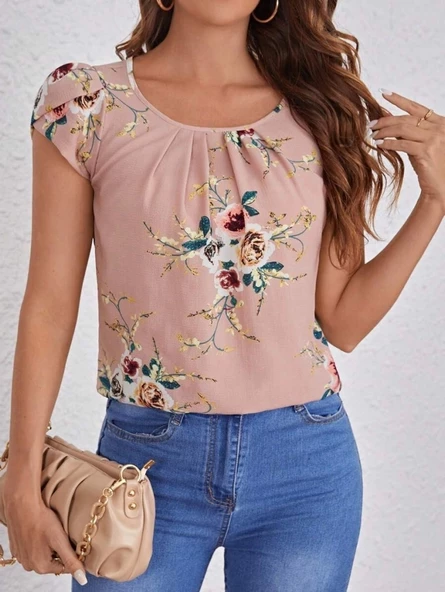 Kadın Kısa Kollu Bisiklet Yaka çiçek Baskılı Süprem Bluz - Resim 5
