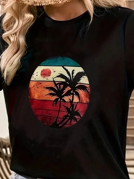 Kadın Kısa Kollu Palmiye Baskılı Viskon T-shirt - Resim 2