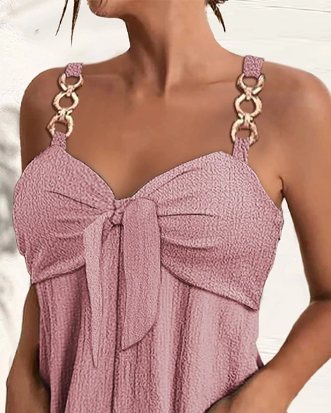 Kadın Kolsuz Askı Aksesuarlı önü Bağlama Detay Salopet şort Tulum - 6