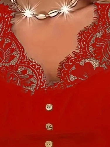 Kadın Kısa Kollu V Yaka önü Düğmeli Dantel Detay Viskon Bluz - 2