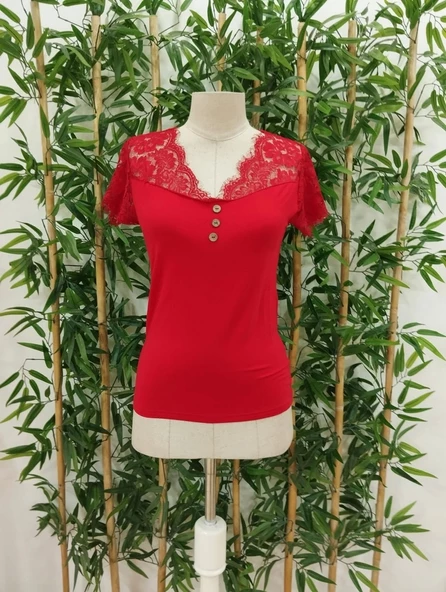 Kadın Kısa Kollu V Yaka önü Düğmeli Dantel Detay Viskon Bluz - 4