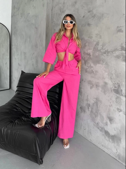 Kadın Keten Kumaş Bağlama Detaylı Gömlek Ve Yüksek Bel Pantolon Takım - 3