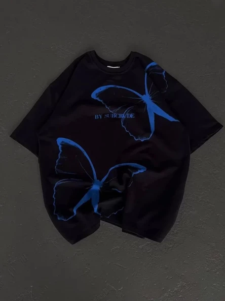 Unisex Bisiklet Yaka Baskılı Oversize T-Shirt - Siyah ürün görseli 1