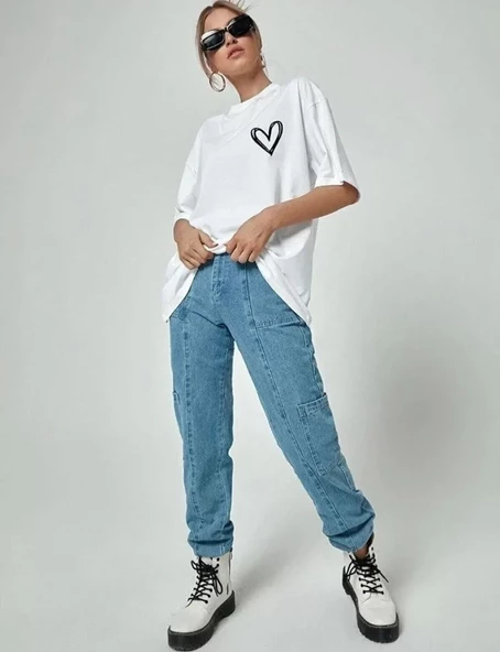 Unisex Baskılı Oversize T-Shirt - Beyaz - Resim 2