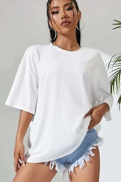 Unisex Baskılı Oversize T-Shirt - Beyaz - Resim 2