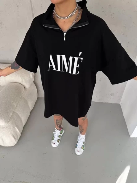 Unisex Yarım Fermuarlı Baskılı T-Shirt - Siyah ürün görseli 1