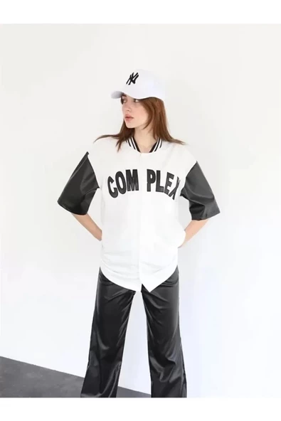 Complex Kolları Deri Kolej Oversize T-shirt - Beyaz - Resim 2