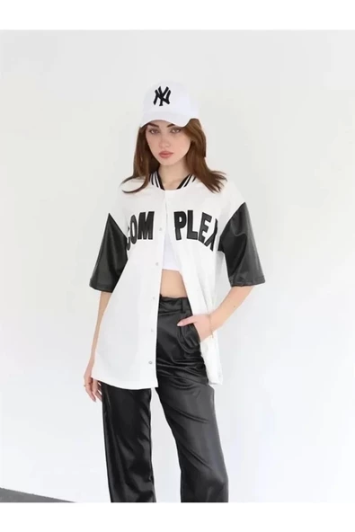 Complex Kolları Deri Kolej Oversize T-shirt - Beyaz ürün görseli 1