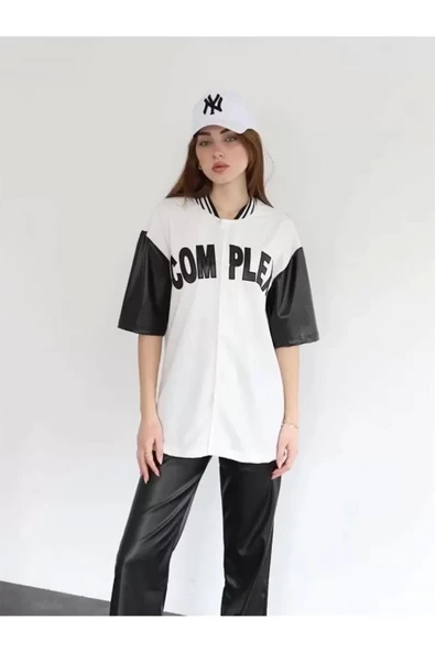 Complex Kolları Deri Kolej Oversize T-shirt - Beyaz - Resim 3