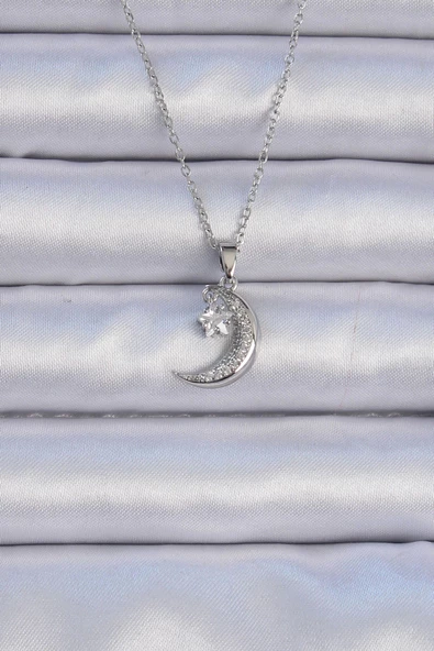 316L Çelik Zincir Gümüş Renk Zirkon Taşlı Sallantılı Ay Yıldız Kolye ürün görseli 1
