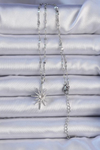 316L Çelik Zincir Gümüş Renk Zirkon Taşlı Kutup Yıldızı Kolye - Resim 2