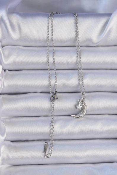 316L Çelik Zincir Gümüş Renk Zirkon Taşlı Sallantılı Ay Yıldız Kolye - Resim 2