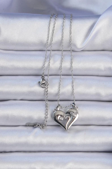 316L Çelik Zincir Gümüş Renk Zirkon Taşlı Mıknatıslı Kalp Kolye - Resim 3
