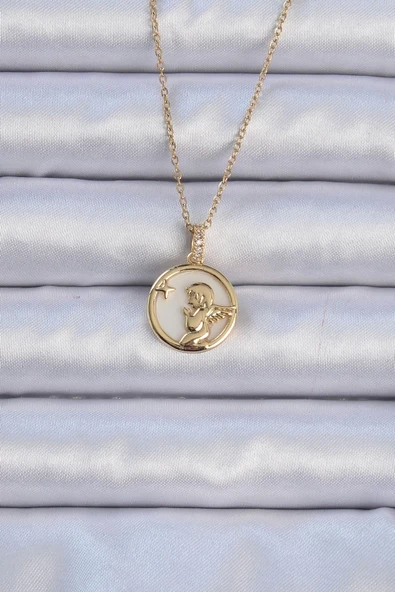 316L Çelik Zincir Altın Renk Zirkon Taşlı Mineli Melek Kolye ürün görseli 1