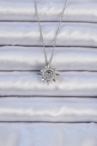 316L Çelik Zincir Gümüş Renk Zirkon Taşlı Parlayan Yıldız Kolye ürün görseli 1