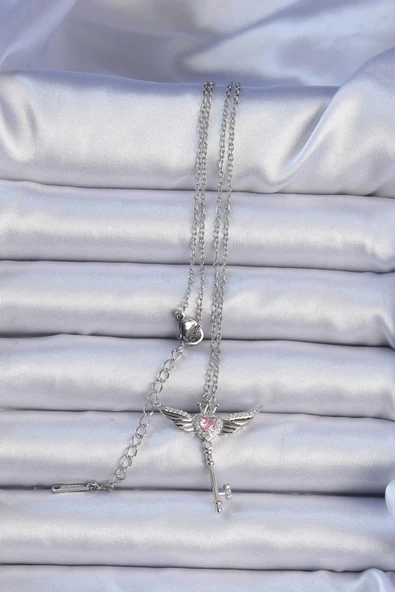 316L Çelik Zincir Gümüş Renk Kanatlı Pembe Zirkon Taşlı Anahtar Kalp Kolye - Resim 2