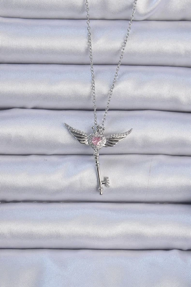 316L Çelik Zincir Gümüş Renk Kanatlı Pembe Zirkon Taşlı Anahtar Kalp Kolye ürün görseli 1