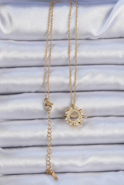 316L Çelik Zincir Altın Renk Zirkon Taşlı Parlayan Yıldız Kolye - 2