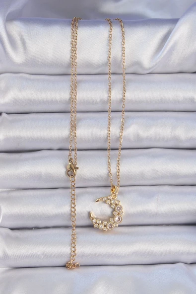 316L Çelik Zincir Altın Renk Zirkon Taşlı Ay Kolye - Resim 2