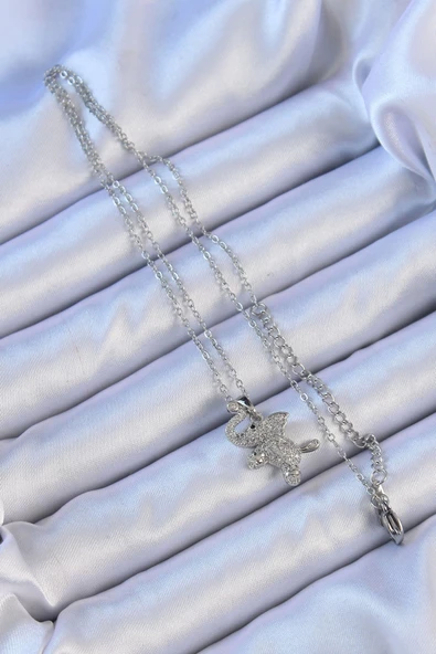 316L Çelik Zincir Gümüş Renk Zirkon Taşlı Fil Kolye - Resim 2