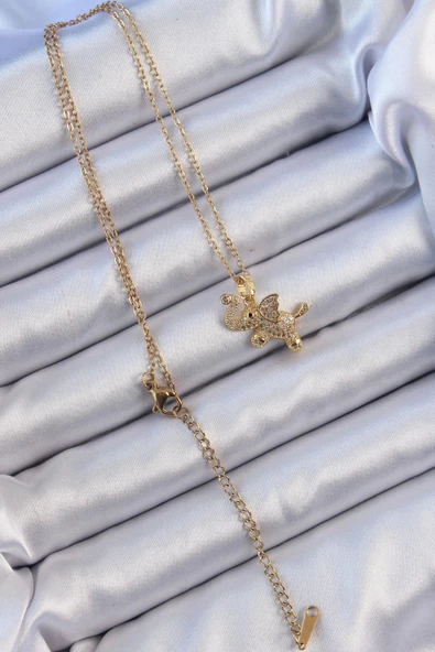 316L Çelik Zincir Altın Renk Zirkon Taşlı Fil Kolye - Resim 2