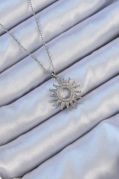 316L Çelik Zincir Gümüş Renk Zirkon Taşlı Parlayan Güneş Kolye ürün görseli 1