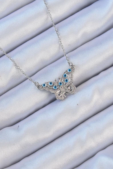 316L Çelik Zincir Gümüş Renk Zirkon Taşlı Nazarlı Kelebek Kolye ürün görseli 1