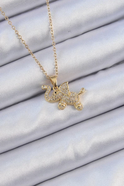316L Çelik Zincir Altın Renk Zirkon Taşlı Fil Kolye ürün görseli 1